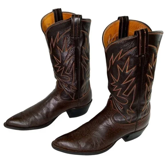 Tony Lama Cowboy Boots Brown Leather Mens 10.5 A Narrrow Width Vintage Western